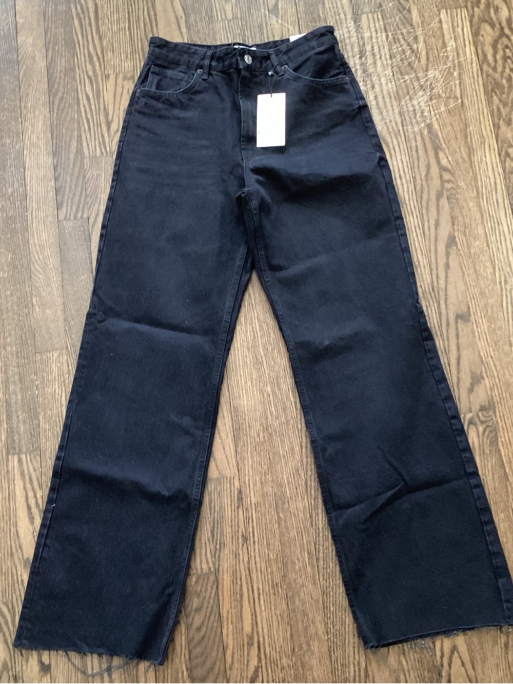 Zara Black Denim High-Rise Wide Leg Full Length Jeans Raw Hem Size 10 - Picture 2 of 13